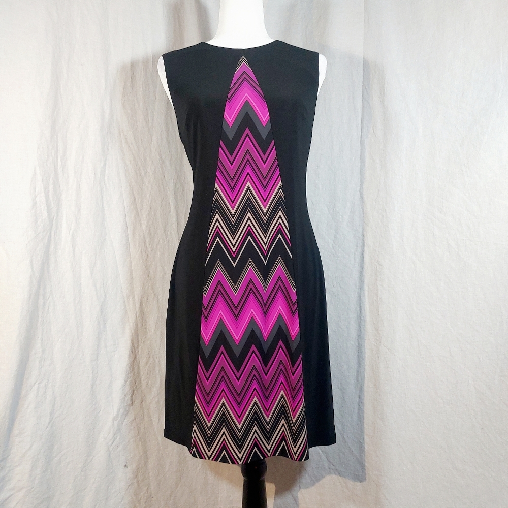 Evan Picone black sheath mini dress w/ pink chevron panel, 10, NWOT